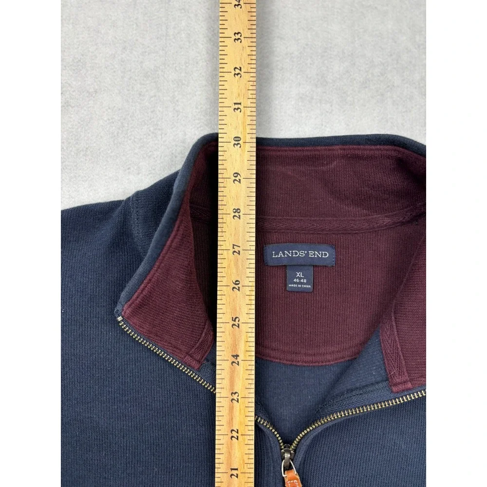 Lands End Mens XL Navy Blue‎ Cotton Quarter Zip Pullover Sweater Burgundy Trim